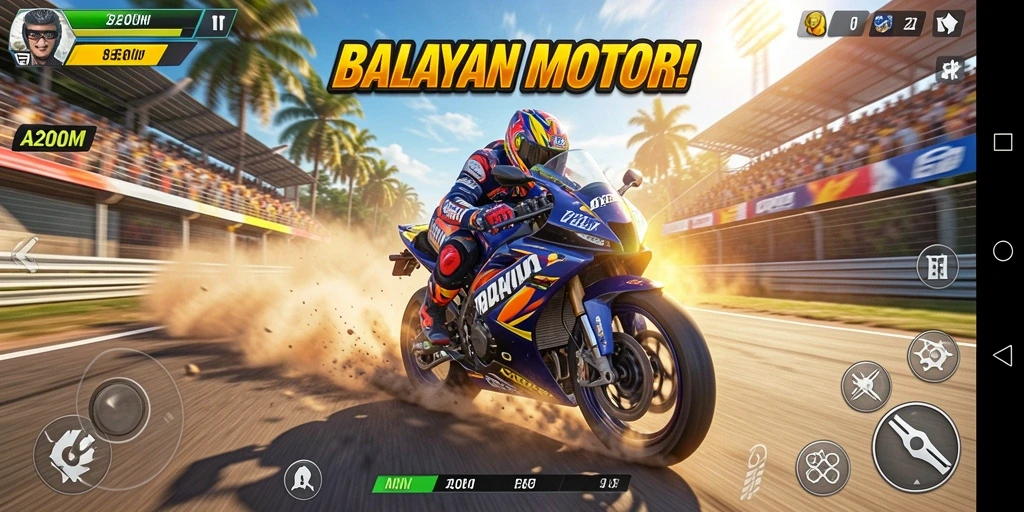Screenshot gameplay A200M yang menampilkan balapan motor yang menegangkan.