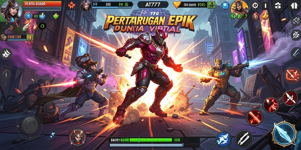 Tangkapan layar utama AT777 menampilkan aksi pertarungan yang intens dan karakter yang dinamis.