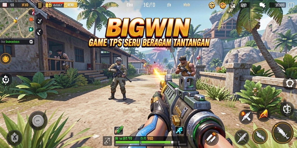 Screenshot gameplay BIGWIN menampilkan aksi seru dalam pertempuran TPS.