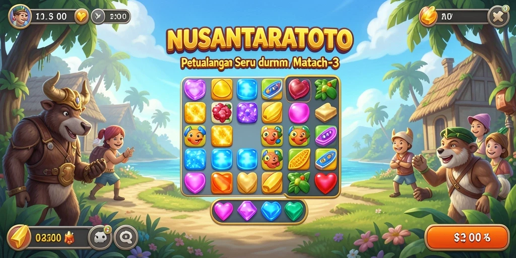 Screenshot menunjukkan gameplay seru NUSANTARATOTO dengan kombinasi match-3 yang menantang.