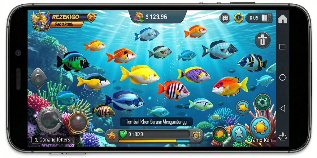 Gameplay menarik dalam REZEKIGO dengan banyak ikan berwarna-warni.