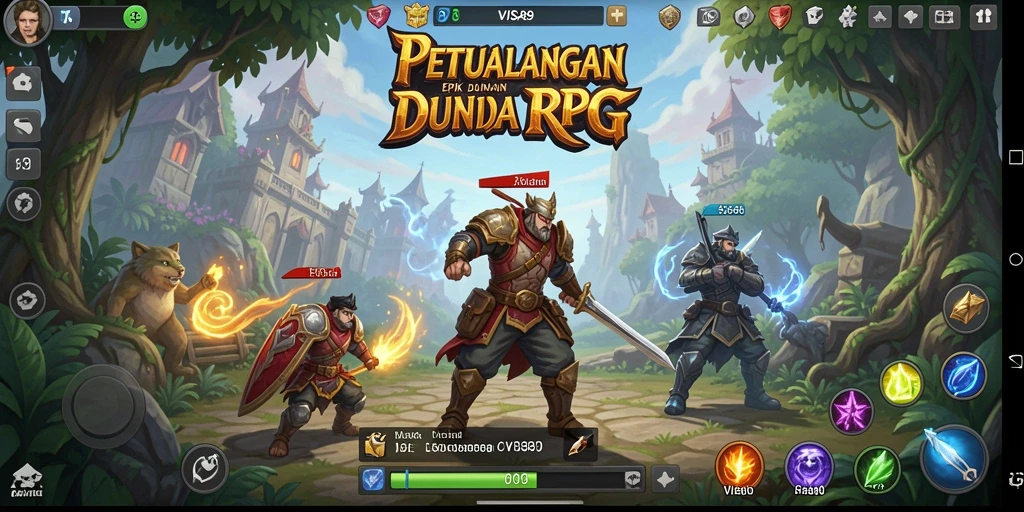 Screenshot menunjukkan gameplay RPG penuh aksi dan petualangan.