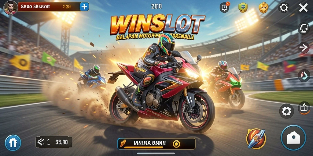 Tampilan gameplay WINSLOT menampilkan balapan motor yang seru dan mendebarkan.